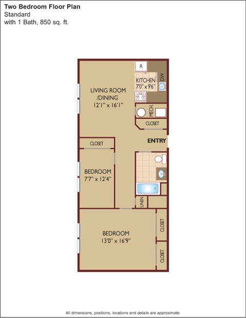 Floor plan for 2 beds, 1 bath, 850 sqft